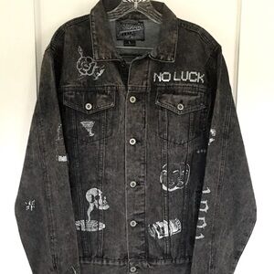Brooklyn Cloth Black Jean Jacket. No Luck. Scribble/Doodle. Large